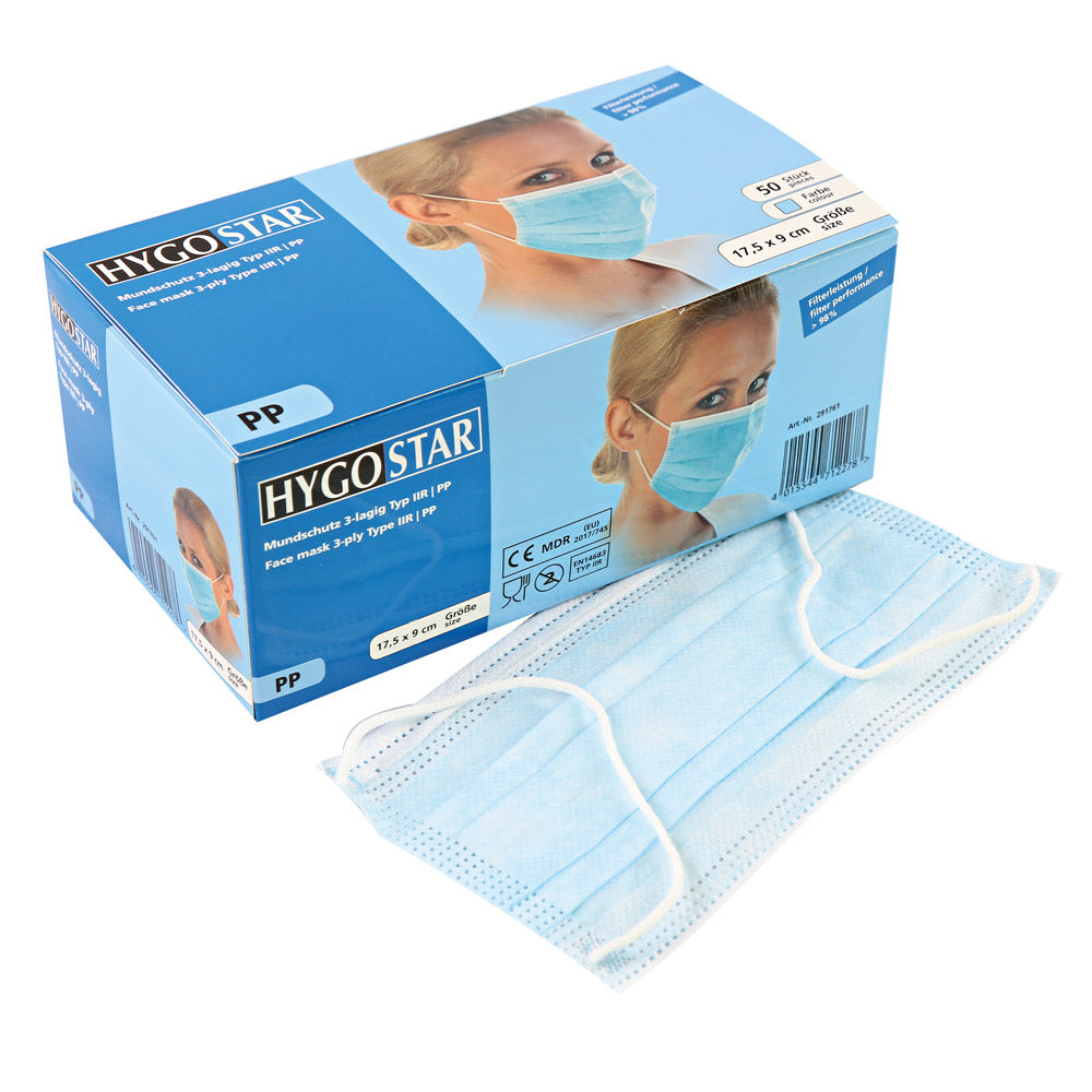 Medizinischer Mundschutz / OP-Maske Hygostar 3-lagig aus Polypropylen-Vlies Typ IIR (99%) mit Gummiband Farbe: blau oder grün - 50 Stück in Spenderbox